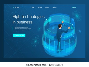 Isometric high technology in business, a businessman working on a virtual screen. Template landing page.