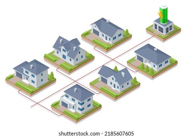 Isometric High Voltage Electric Power Transmission Grid. Generates Electricity. Renewable Energy Smart Power Grid System.