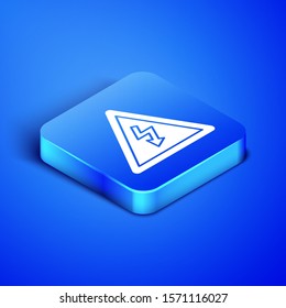Isometric High voltage sign icon isolated on blue background. Danger symbol. Arrow in triangle. Warning icon. Blue square button. Vector Illustration