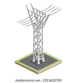 Isometric High Voltage Transmission Line. Vector Illustration. Element of Distribution Chain. Electric Pylon Isolated on White Background.
