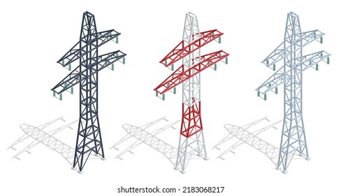 Isometric high voltage transmission lines and power pylons. Electricity pylons. Electric Energy Factory Distribution Chain. High voltage pylon