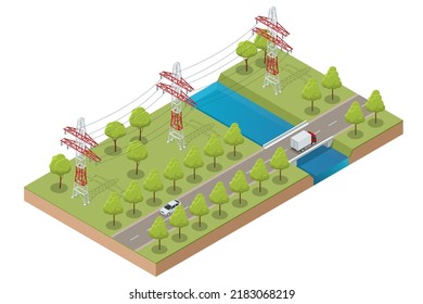 Isometric high voltage transmission lines and power pylons. Electricity pylons. Electric Energy Factory Distribution Chain. High voltage pylon