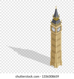 Isometric highly detailed Big Ben tower on transparent background. Vector illustration.