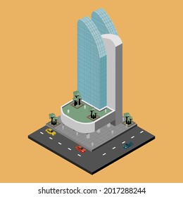 Isometric of high-rise building with podium part(auditorium function), landscape and road.