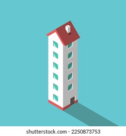 Isometric high-rise house, six-storey. Large expensive cottage project, extravagant home and real estate price growth concept. Flat design. EPS 8 vector illustration, no transparency, no gradients