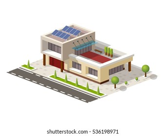 Isometric High-tech house vector illustration. Contemporary american house with solar panels, terrace, green pots. 3D lowpoly vector illustration. office, garage, car store, salon vector icon