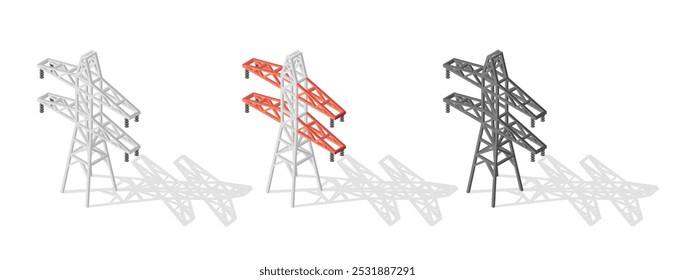 Pilares isométricos de distribuição de eletricidade de alta tensão. Rede de transmissão elétrica fornecendo energia, com linhas de energia elétrica contra um fundo branco. Vetor 3d ícone de ilustração polo de energia