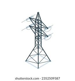 torre de transmisión isométrica de alta tensión en color sobre fondo blanco, transmisión de electricidad a través de cables o energía limpia