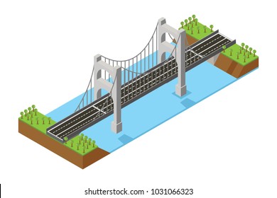 isometric Highway Bridge Over the River, vector illustration