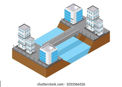 isometric Highway Bridge Over the River, vector illustration