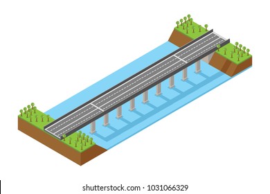 isometric Highway Bridge Over the River, vector illustration