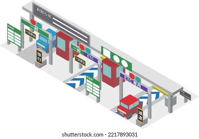 Isometric highway exit toll station.
translation：Notice, Temporary stop, Toll list, Slow down, General ETC, Temporary stop, Toll table, ETC only, Toll, 〇〇〇〇yen