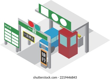 Isometric highway general toll station.
translation：Tariff, Pause, General, Slow down