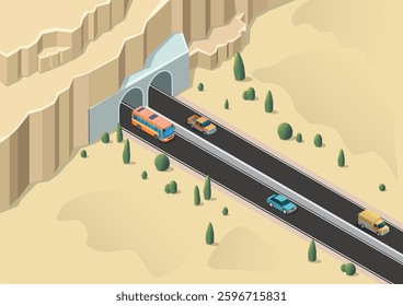 Isometric highway passing through a tunnel in the desert