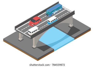 isometric highway traffic across the bridge, vector illustration