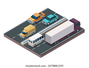 Tráfico isométrico en carretera. Ilustración vectorial