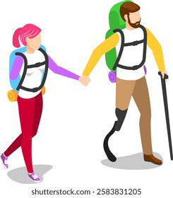 Isometric hikers with backpacks holding hands and walking, overcoming challenges and enjoying the journey together, promoting inclusivity and perseverance in outdoor activities