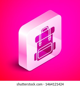 Isometric Hiking backpack icon isolated on pink background. Camping and mountain exploring backpack. Silver square button. Vector Illustration