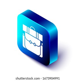 Isometric Hiking backpack icon isolated on white background. Camping and mountain exploring backpack. Blue square button. Vector Illustration