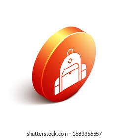 Isometric Hiking backpack icon isolated on white background. Camping and mountain exploring backpack. Orange circle button. Vector Illustration