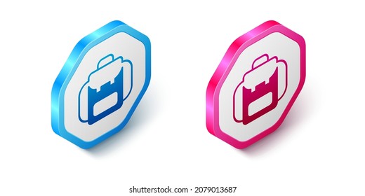 Isometric Hiking backpack icon isolated on white background. Camping and mountain exploring backpack. Hexagon button. Vector