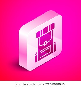 Isometric Hiking backpack icon isolated on pink background. Camping and mountain exploring backpack. Silver square button. Vector Illustration