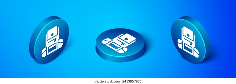 Isometric Hiking backpack icon isolated on blue background. Camping and mountain exploring backpack. Blue circle button. Vector