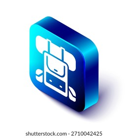 Icono isométrico de la mochila de senderismo aislado sobre fondo blanco. Mochila de camping y montaña. Botón cuadrado azul. Vector