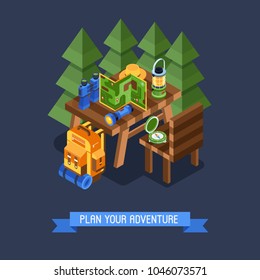 Isometric hiking banner with hike elements and accessories. Camping concept background with isometry backpack and camp equipment and gear icons. Summer adventure backpacking illustration in isometry.