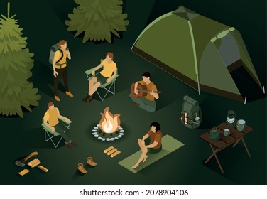 Isometric hiking composition with outdoor night scenery and people sitting near tent with bonfire and backpacks vector illustration