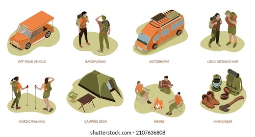 Isometric hiking compositions set with isolated images of long distance hike backpacking equipment and camper van vector illustration