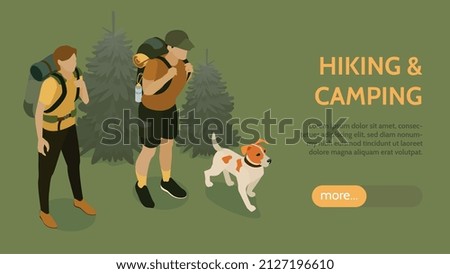 Isometric hiking horizontal banner with characters of man and woman with backpacks dog and editable text vector illustration