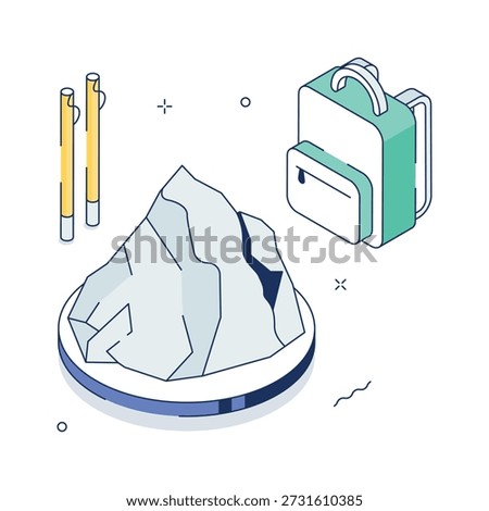 Isometric hiking illustration with backpack and mountain, modern vector