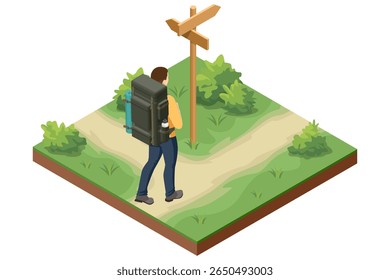 Isometric hiking scene. A backpacker chooses a direction at a trail junction and checks a large map. Concept of hiking, navigation, and outdoor exploration in forest or mountain areas.