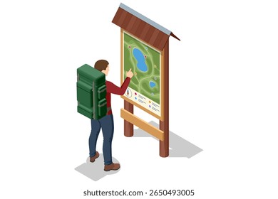 Escena de senderismo isométrico. Un mochilero elige una dirección en un cruce de senderos y revisa un mapa Grande. Concepto de senderismo, navegación y exploración al aire libre en áreas forestales o montañosas.