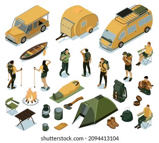 Isometric hiking set with isolated images of tourist equipment with camper van tent backpacks and people vector illustration