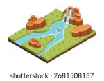 isometric hill with river waterfall and pine forest, suitable for asset nature