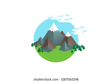 Isometric Hill vector illustration with circle background, clouds and trees.