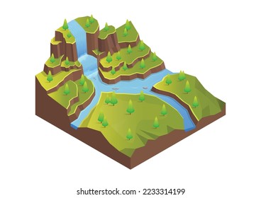 isometric hilly island with trees, river and waterfall