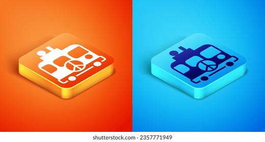 Isometric Hippie camper van icon isolated on orange and blue background. Travel by vintage bus. Tourism, summer holiday.  Vector