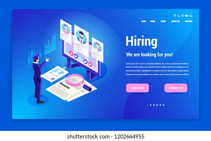 Isometric hiring, recruitment agency. Web site page concept. Template, banner, advertising, presentation. Job vacancy.