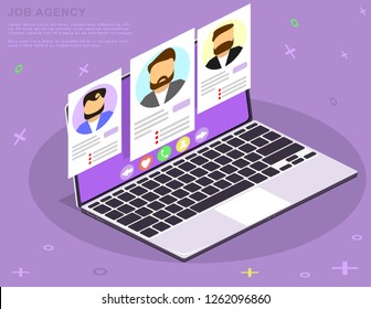 Isometric hiring and recruitment concept with computer and candidats resumes, Recruitment agency vector illustration for web pages, banners, flyers and other