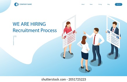 Isometric hiring and recruitment concept. HR job seeking. Online job search, human resource concept. Infographics of Business data visualization. Job interview, recruitment agency