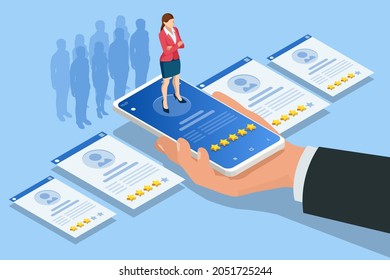 Isometric hiring and recruitment concept. HR job seeking. Online job search, human resource concept. Infographics of Business data visualization. Job interview, recruitment agency