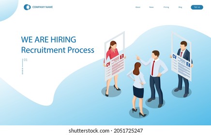 Isometric hiring and recruitment concept. HR job seeking. Online job search, human resource concept. Infographics of Business data visualization. Job interview, recruitment agency