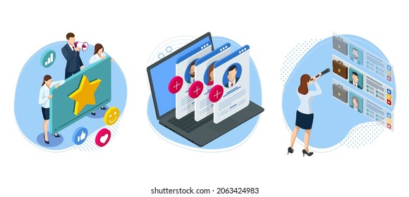 Isometric Hiring and Recruitment Concept. Job Interview, Recruitment Agency. Hr Managers Searching New Employee. Recruitment Process.