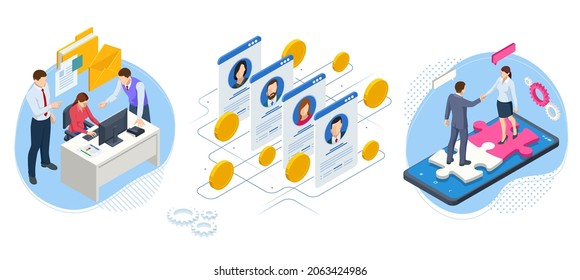 Isometric Hiring and Recruitment Concept. Job Interview, Recruitment Agency. Hr Managers Searching New Employee. Recruitment Process.