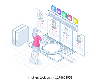 Isometric hiring and recruitment concept for web page, banner, presentation. Job interview, recruitment agency, line vector illustration