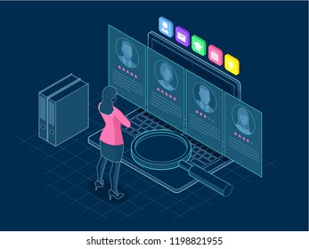 Isometric hiring and recruitment concept for web page, banner, presentation. Job interview, recruitment agency, line vector illustration