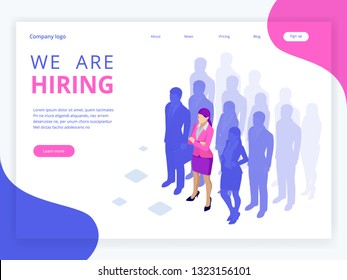 Isometric hiring and recruitment concept for web page, banner, presentation. Job interview, recruitment agency vector illustration